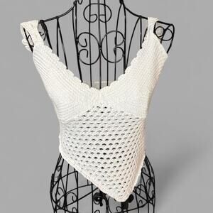 White Crochet Scalloped Trim Crop Top - Handkerchief Asymmetrical Boho Tank - S